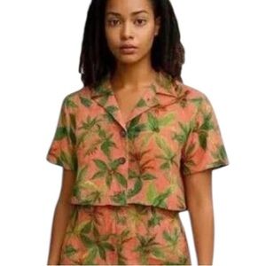 Monteau Los Angeles Tropical Linen Blend Set Crop Top HighWaist Shorts Womens S